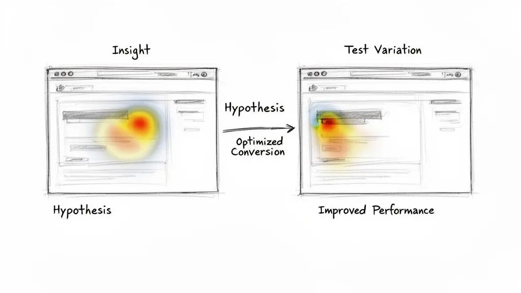 A diagram comparing a website heatmap before and after optimization to improve conversion and user performance.
