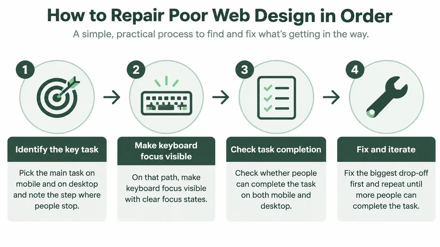 A four-step infographic illustrating a practical process to identify and repair poor website design issues.