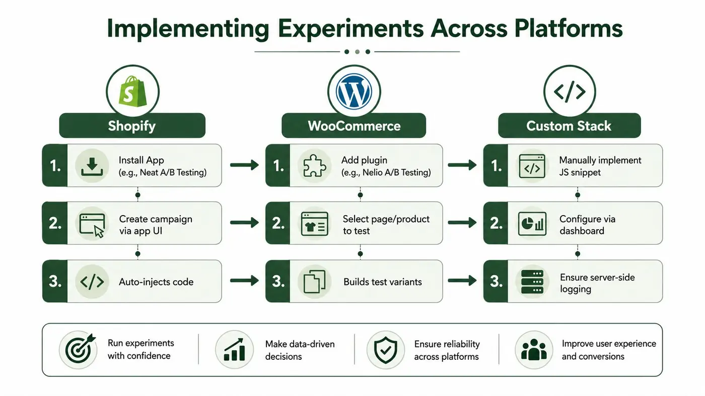 A diagram illustrating the three-step process for implementing A/B testing experiments on Shopify, WooCommerce, and custom stacks.