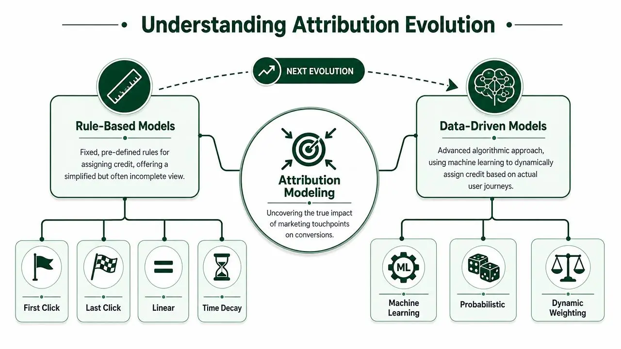 A diagram illustrating the evolution of attribution modeling from rule-based to data-driven marketing approaches.