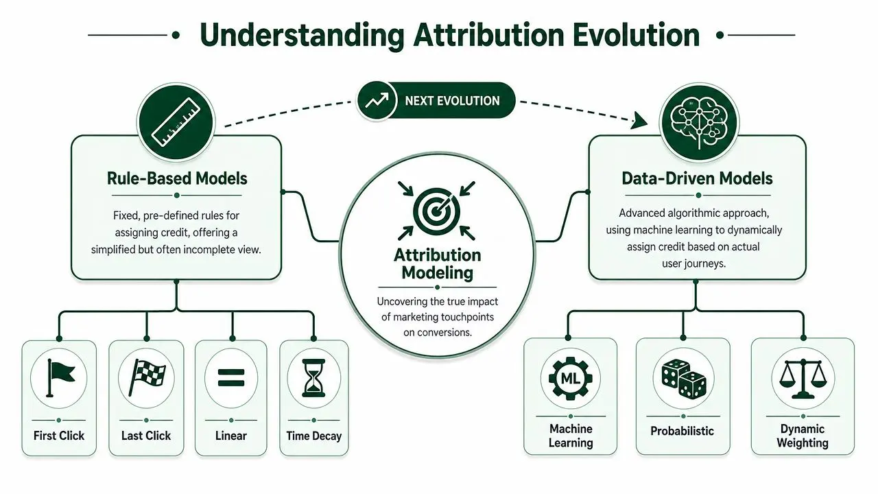 A diagram illustrating the evolution of attribution modeling from rule-based to data-driven marketing approaches.