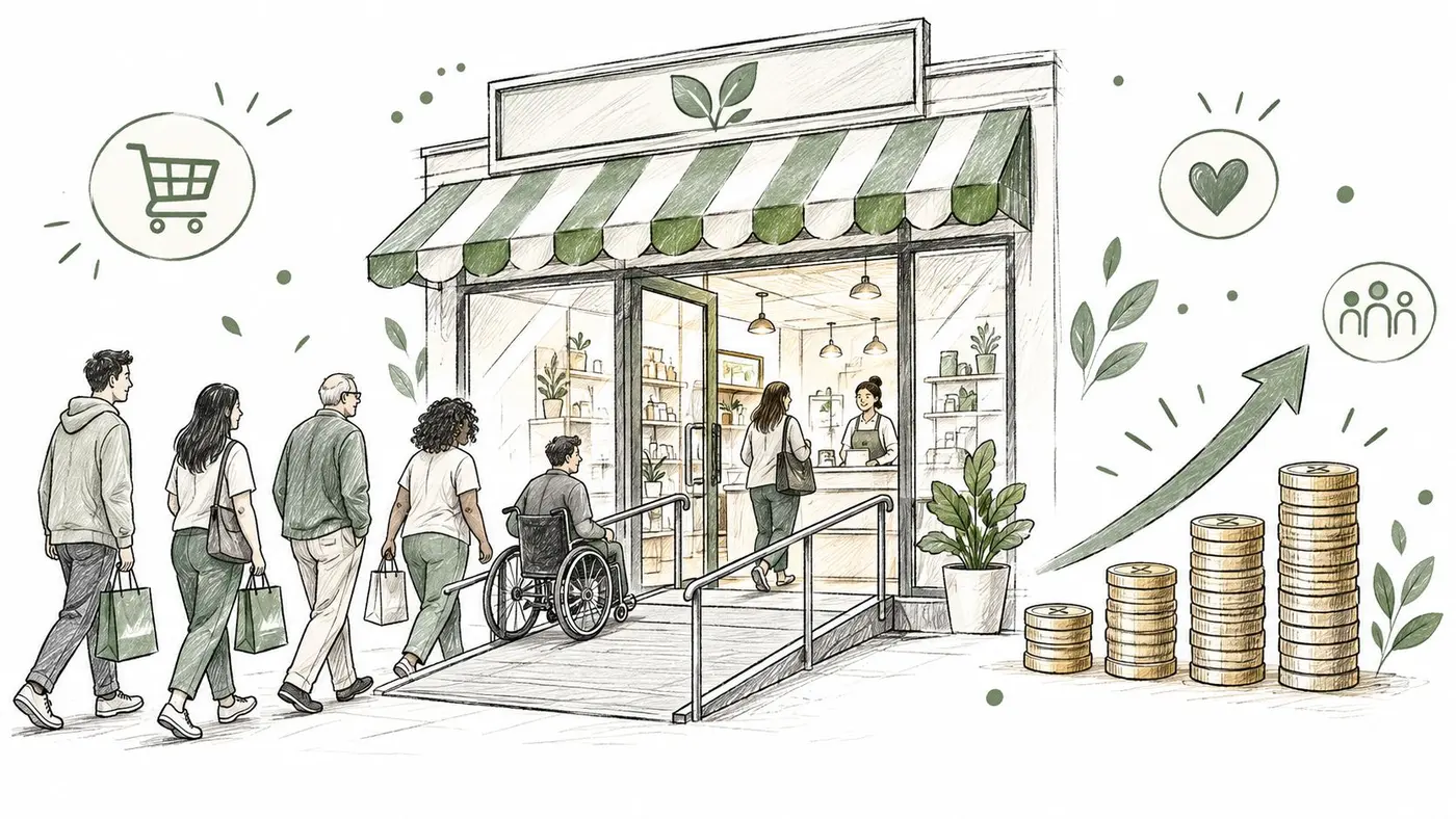 A sketched illustration showing a small business storefront with diverse customers waiting in line and a wheelchair ramp.