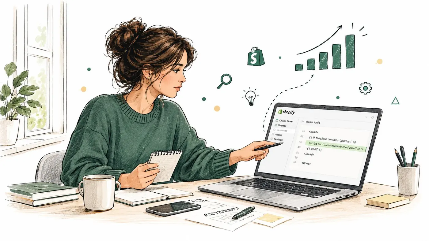 A woman working on a Shopify theme development project on her laptop, highlighting code in a code editor.