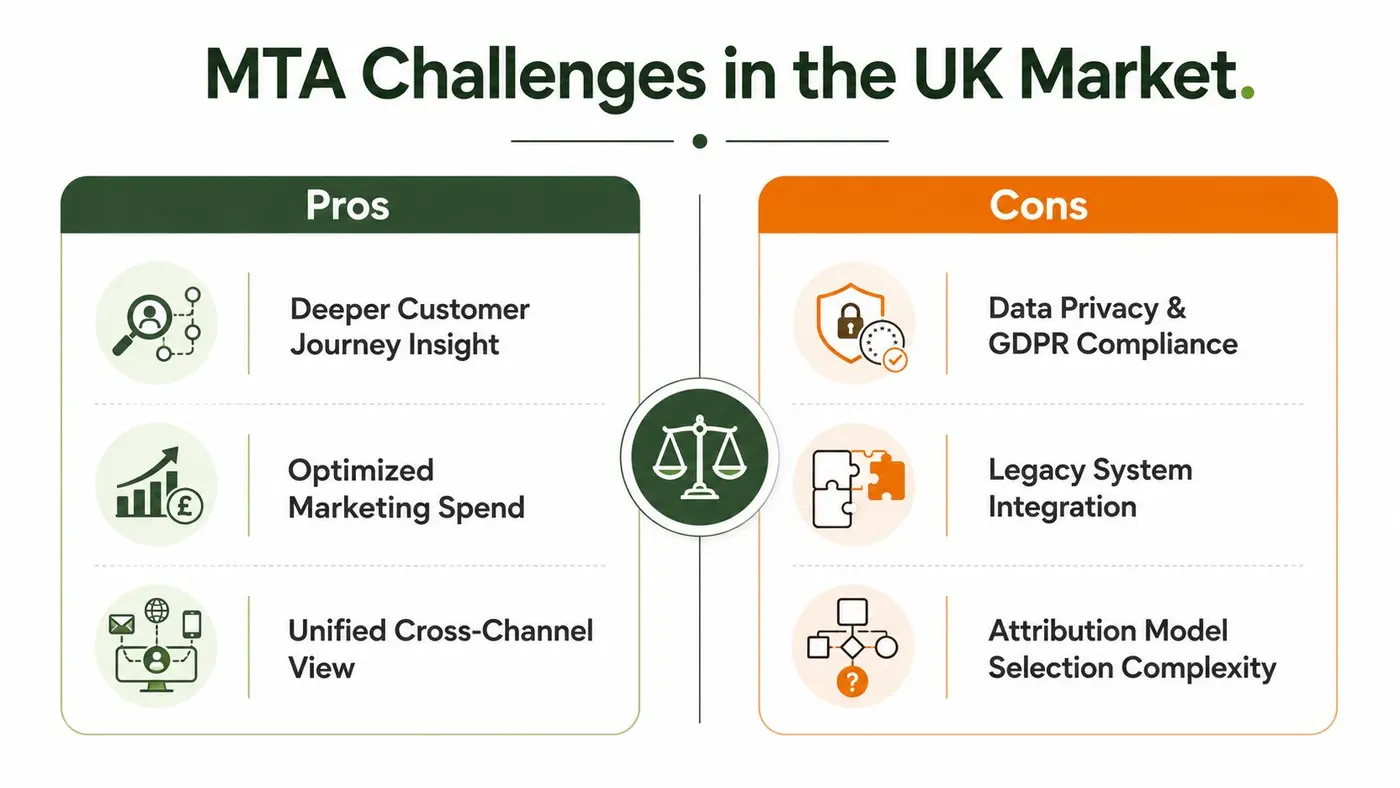 A comparison chart showing the pros and cons of multi-touch attribution within the UK marketing market.