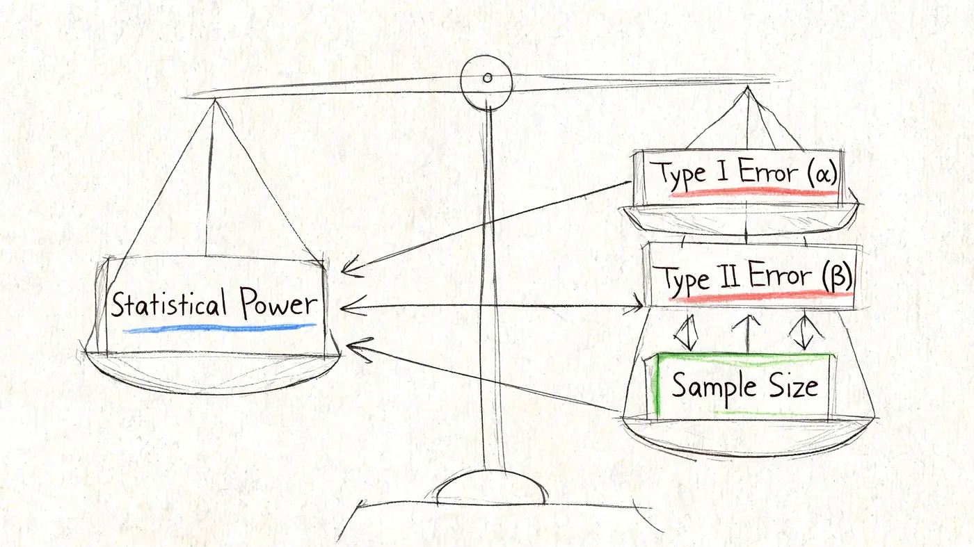A hand-drawn sketch of a balance scale showing the relationship between statistical power, type I error, type II error, and sample size.