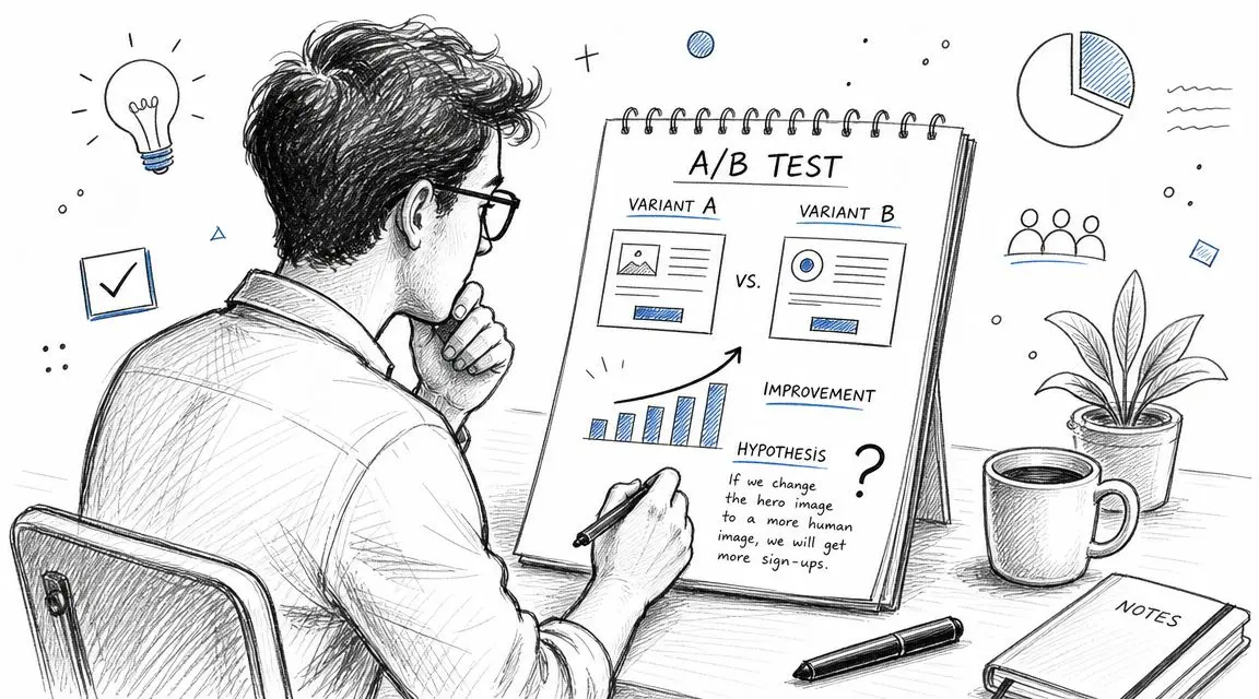 A sketched illustration of a person thoughtfully designing an A/B test strategy at their workspace.