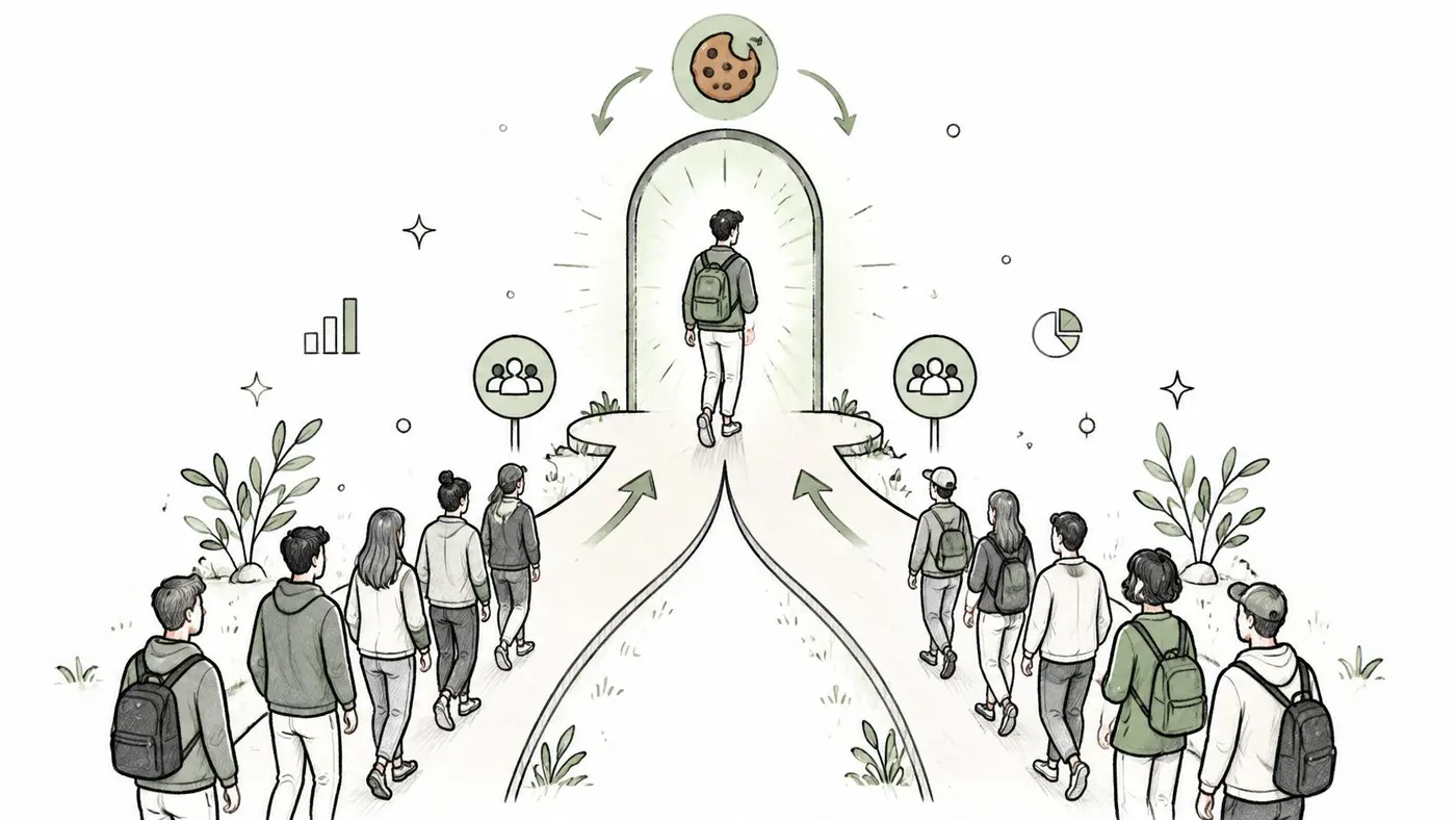 A conceptual illustration of students walking towards a portal representing A/B testing for websites and cookies.