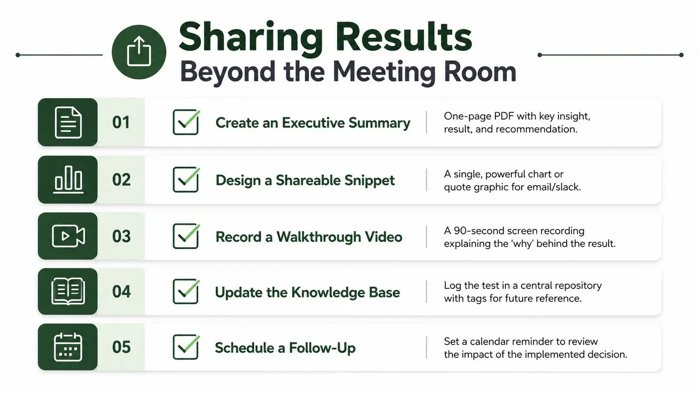 A list of five steps for sharing research results, featuring icons and descriptive text for each action.