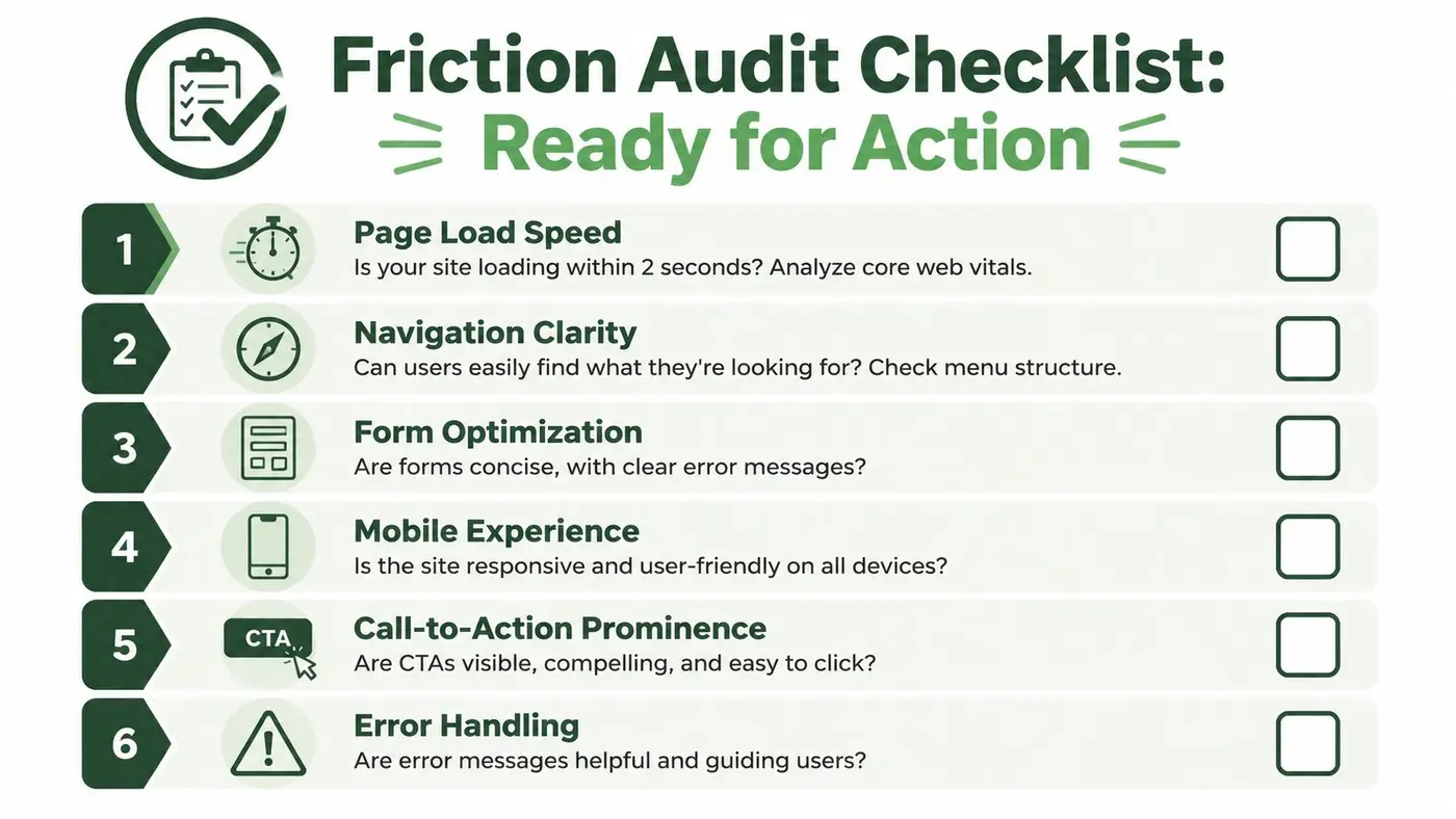 A checklist infographic titled Friction Audit Checklist for website optimization and improving user experience.