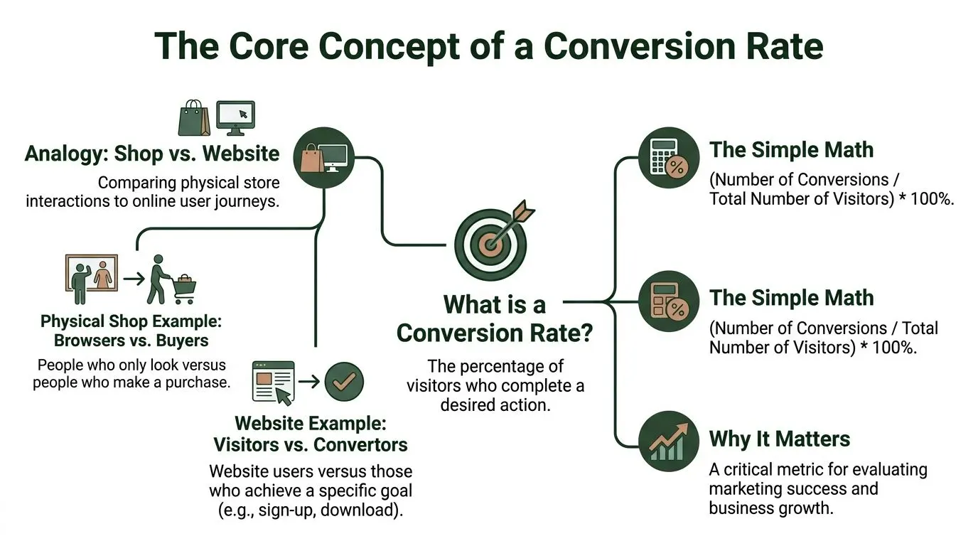 An infographic explaining conversion rates with an analogy between physical store browsers and website visitor behavior.
