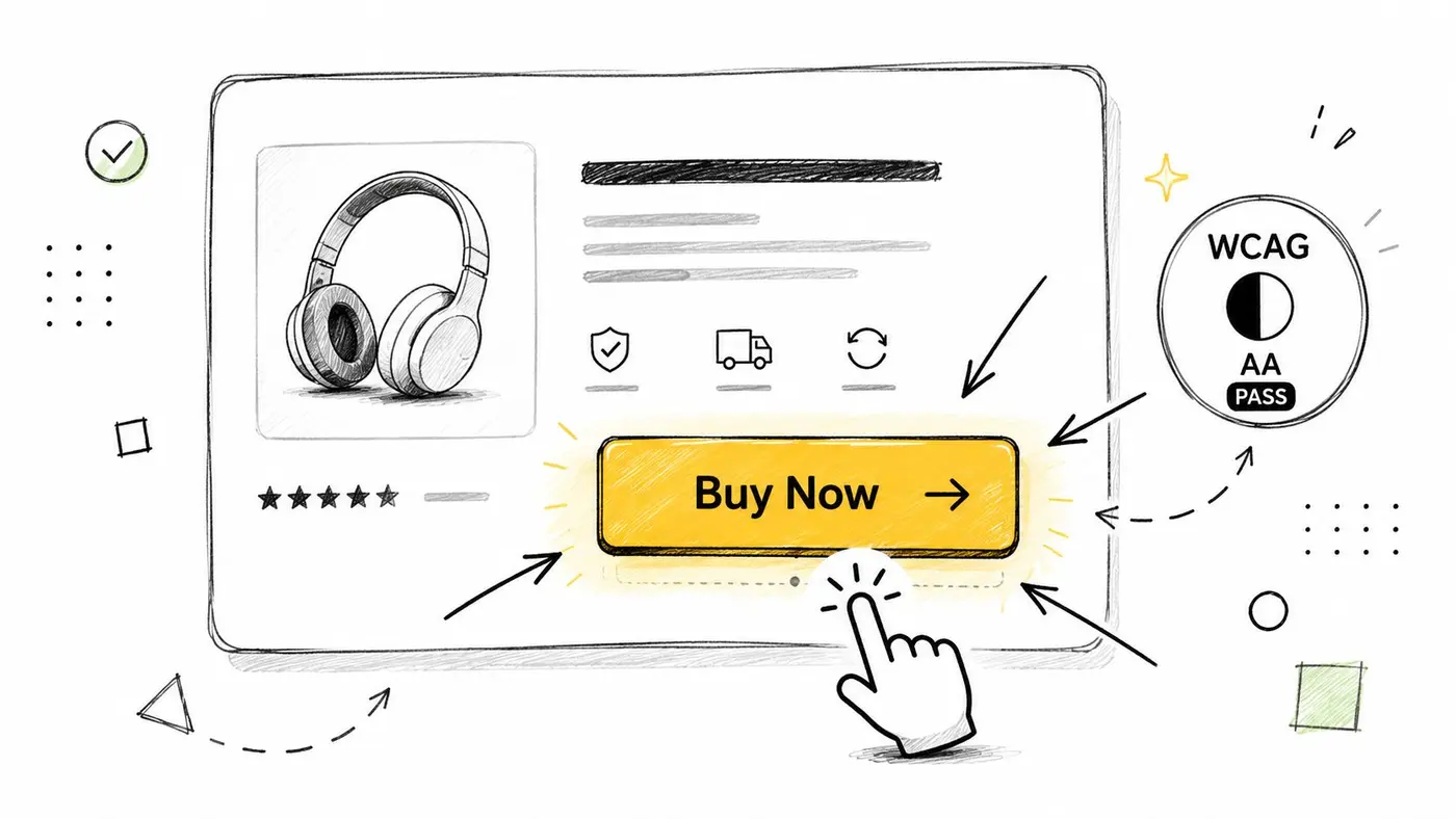 A hand cursor clicking a yellow Buy Now button on an e-commerce product page interface drawing.