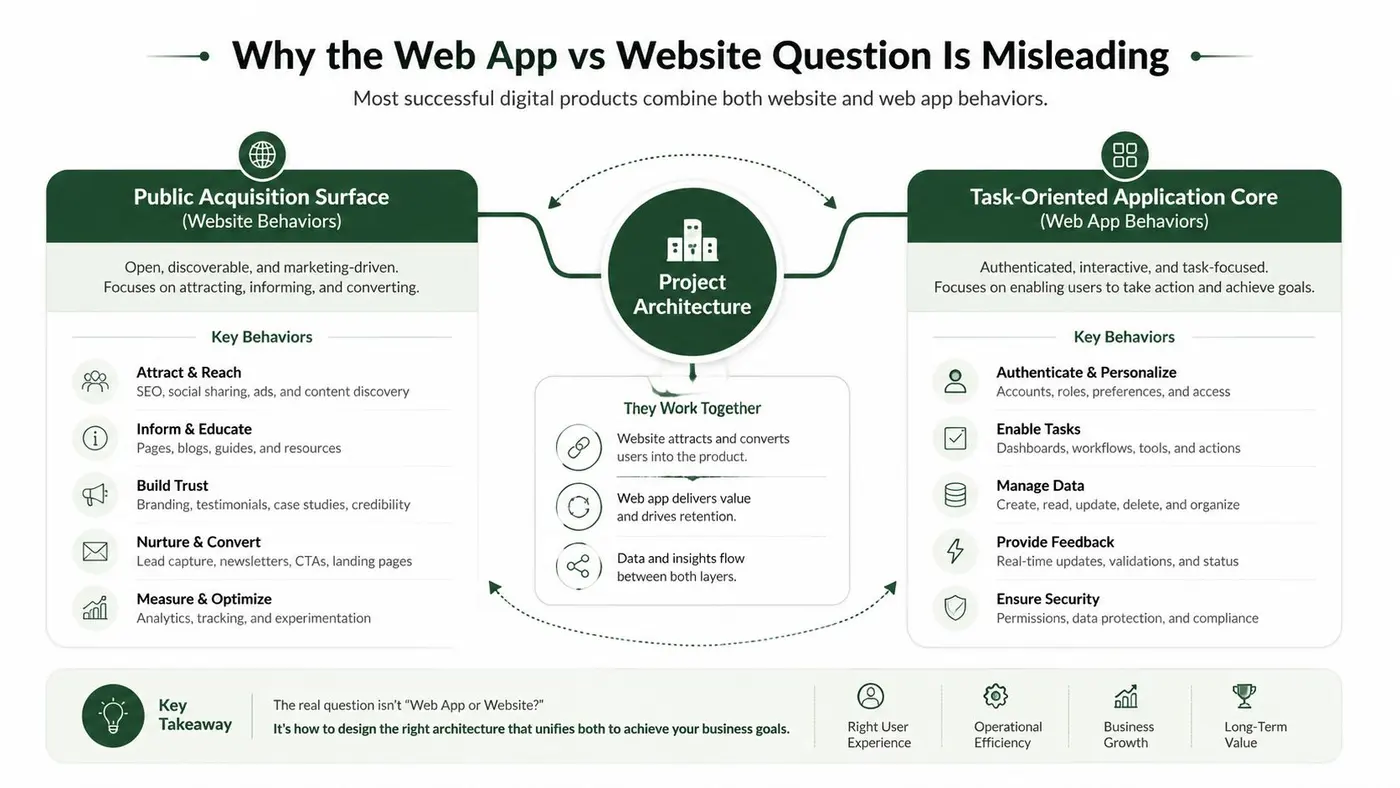An infographic showing that successful digital products combine website and web application architectural behaviors.
