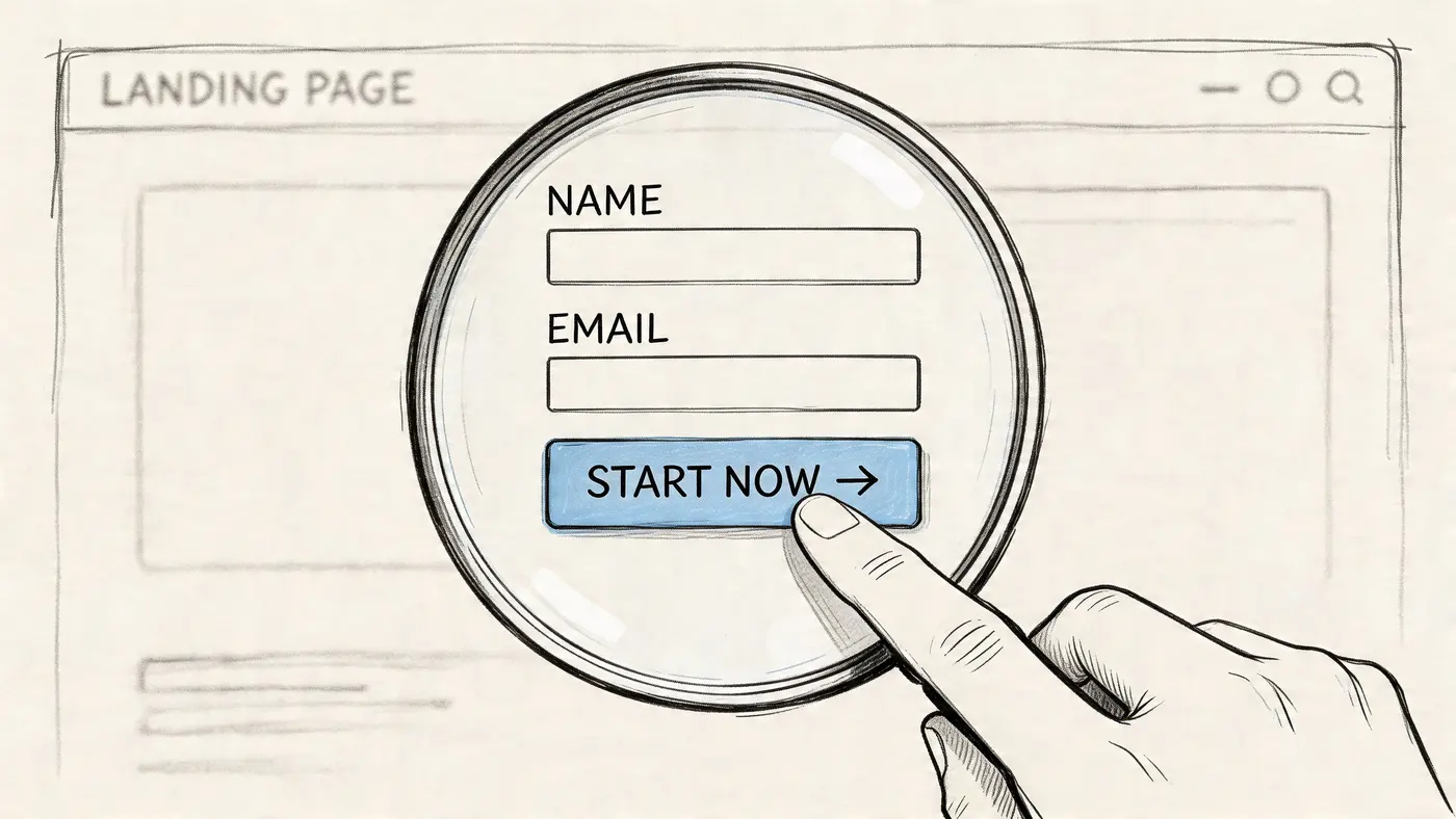 A sketched illustration of a magnifying glass focusing on a landing page sign-up form with a button.