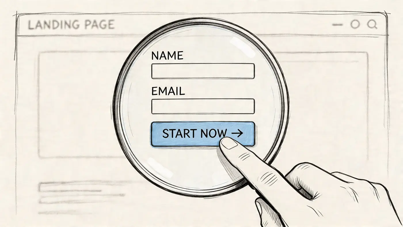 A sketched illustration of a magnifying glass focusing on a landing page sign-up form with a button.