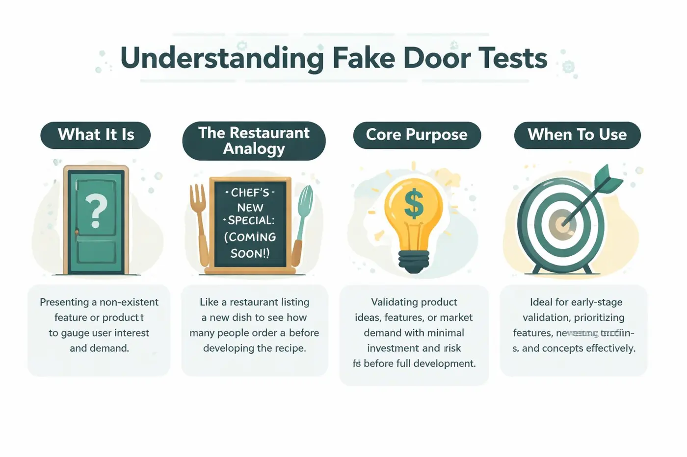 An infographic explaining the concept of fake door tests in product development with four illustrative sections.