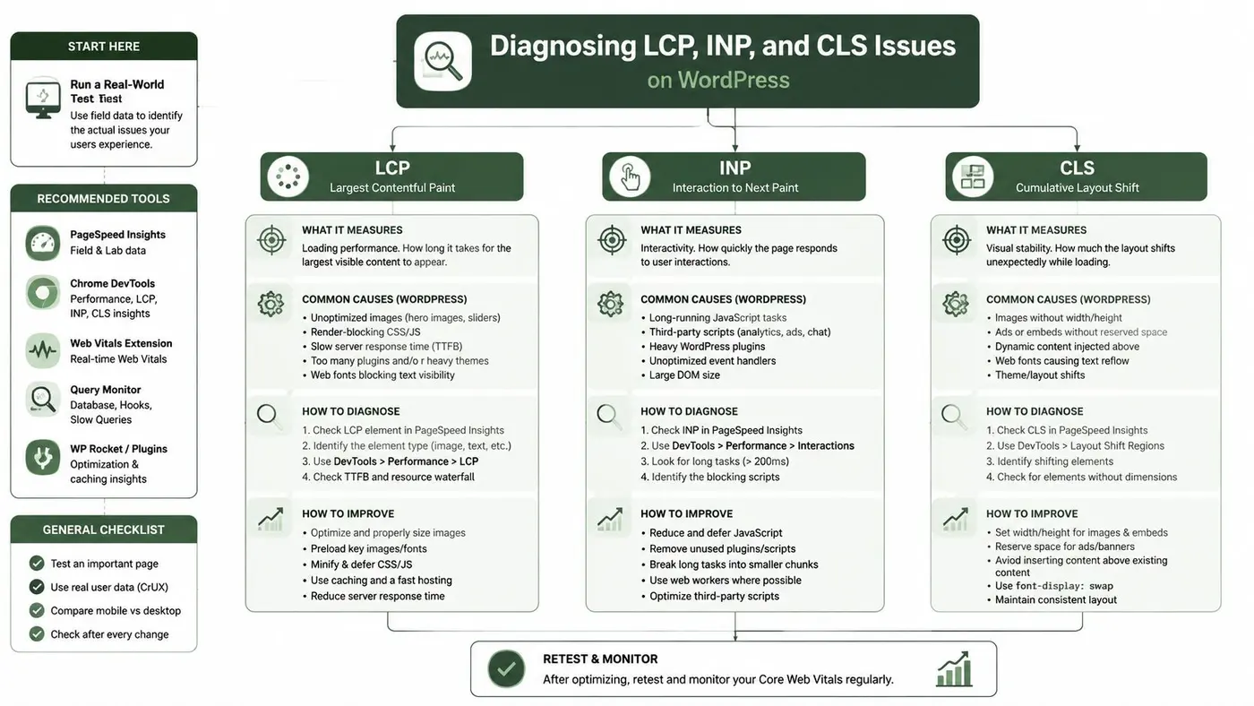 A diagnostic flowchart illustrating how to troubleshoot and improve LCP, INP, and CLS performance metrics on WordPress websites.