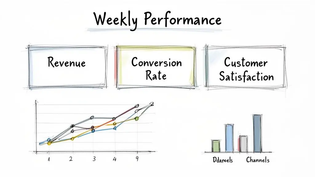 A hand-drawn weekly performance dashboard displaying key metrics like revenue, conversion rate, and customer satisfaction, with trend lines and a bar chart.
