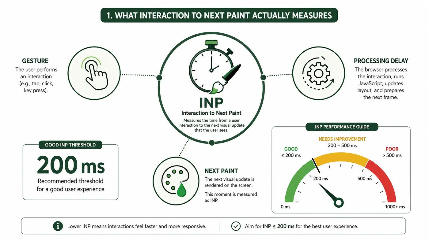 An infographic explaining Interaction to Next Paint (INP) metrics with thresholds for good, fair, and poor performance.