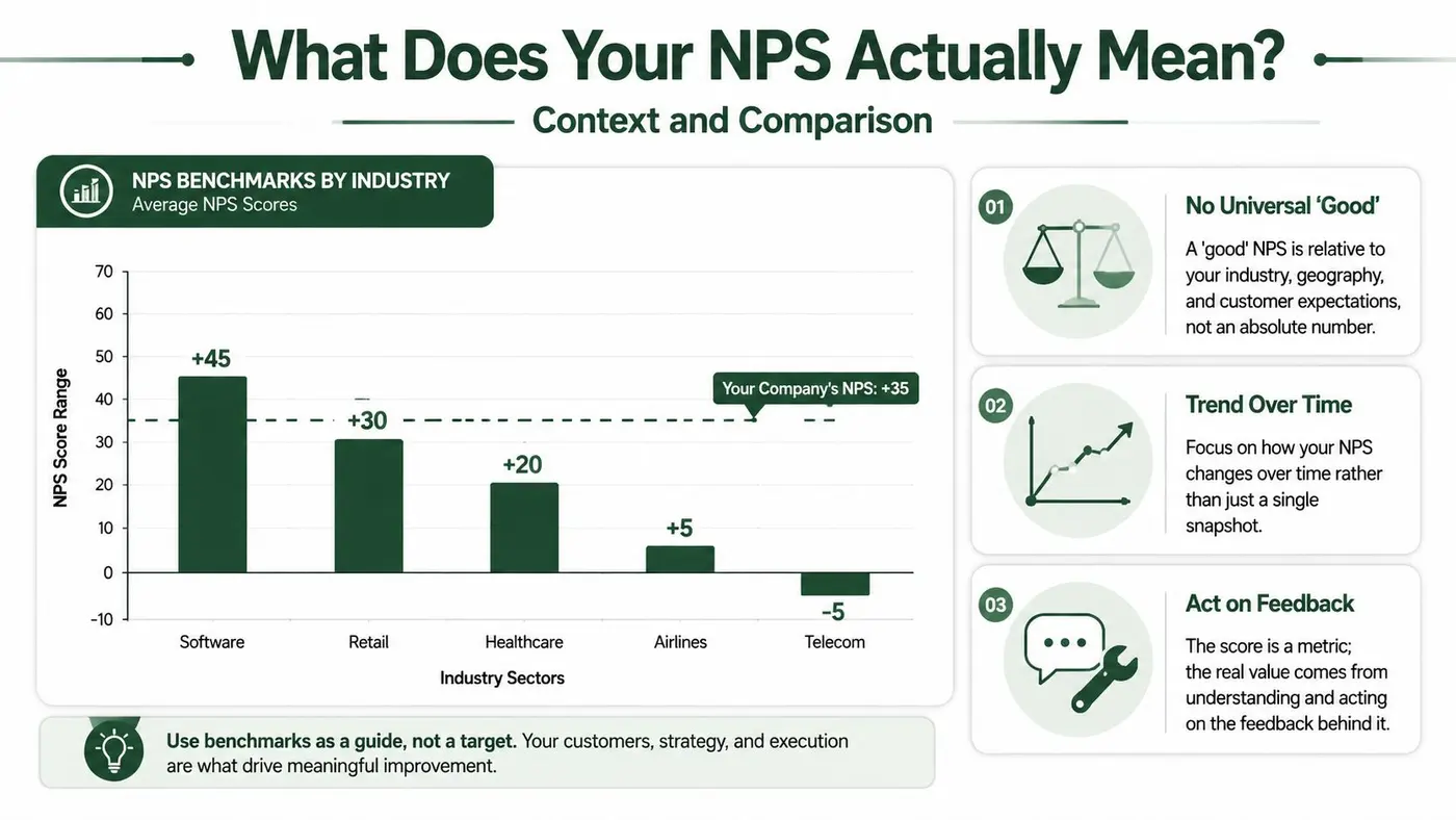 A bar chart comparing NPS benchmark scores across five industry sectors including software, retail, healthcare, airlines, and telecom.