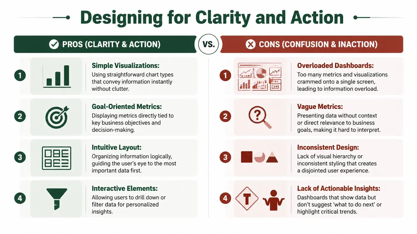 A comparison chart showing four pros and four cons for designing effective and clear business data dashboards.