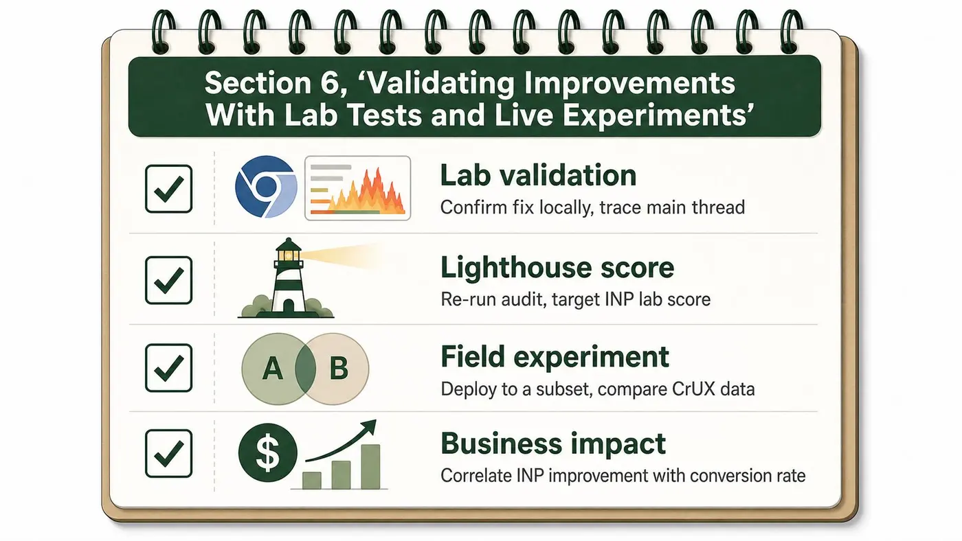 A notepad showing four steps for validating web performance improvements through lab tests and field experiments.