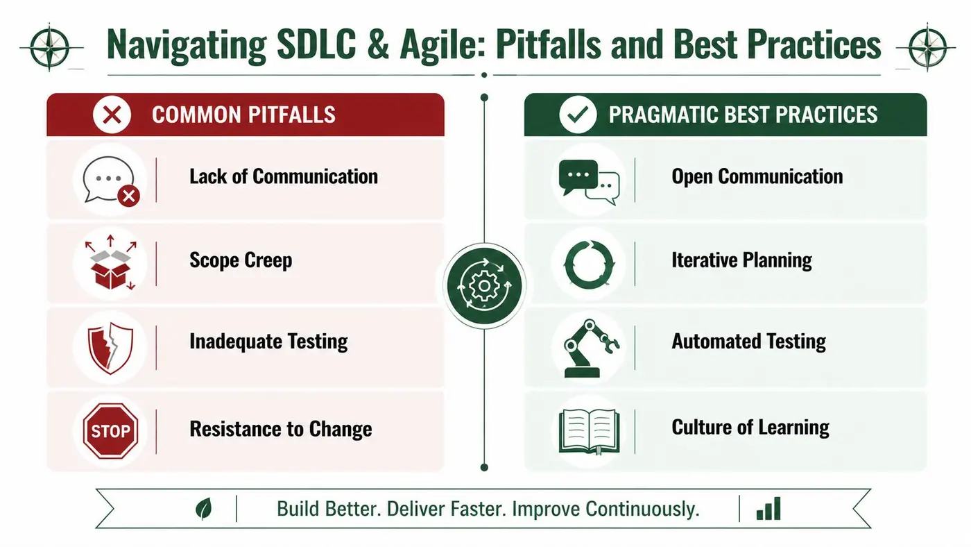 A comparison chart showing common SDLC and agile pitfalls versus recommended pragmatic best practices for software development teams.