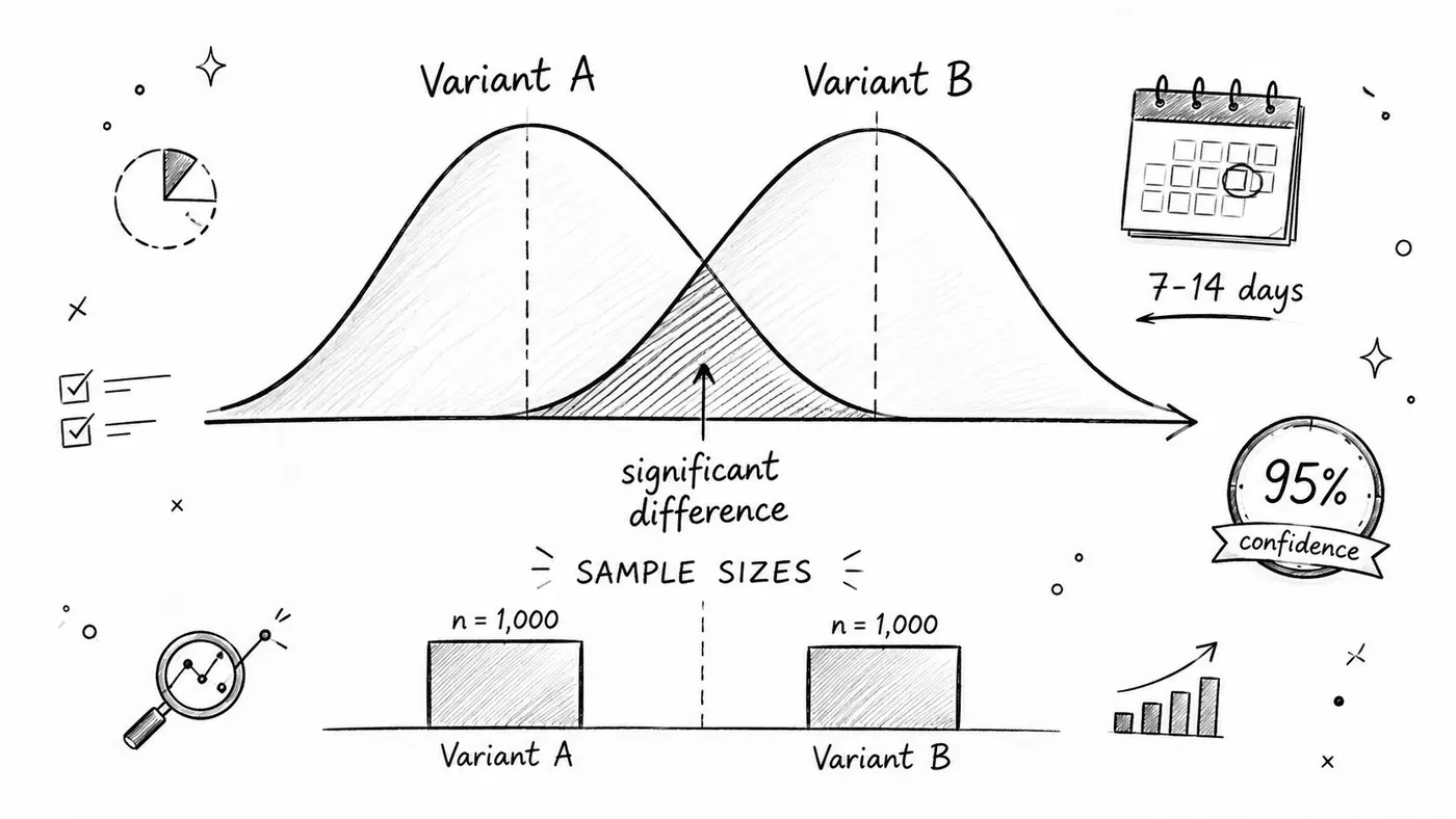 A hand-drawn illustration depicting A/B testing concepts with normal distribution curves, sample sizes, and statistical confidence.
