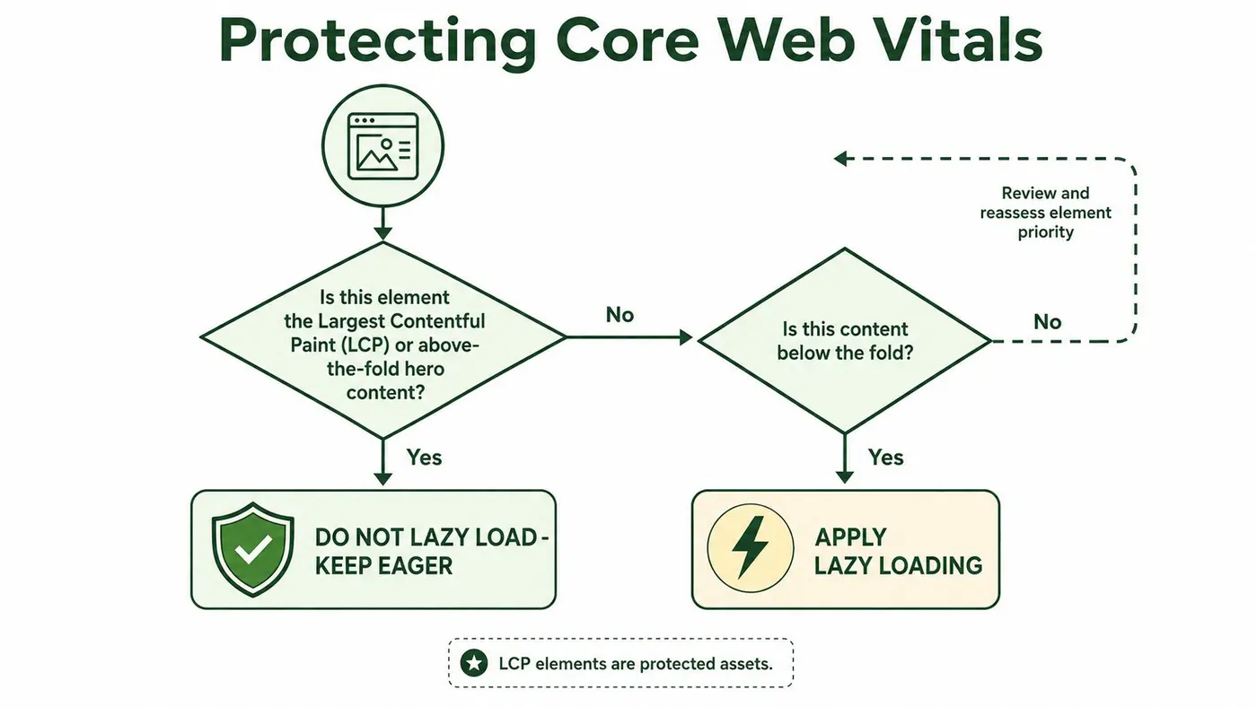 A flow chart illustrating when to apply or avoid lazy loading for optimal web performance and Core Web Vitals.