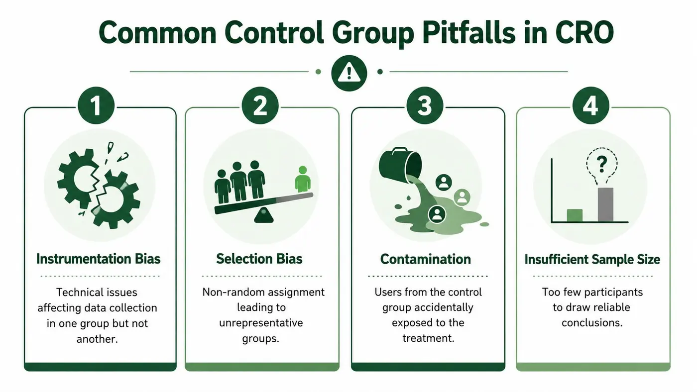 An infographic illustrating four common control group pitfalls in conversion rate optimization experiments, including bias and contamination.