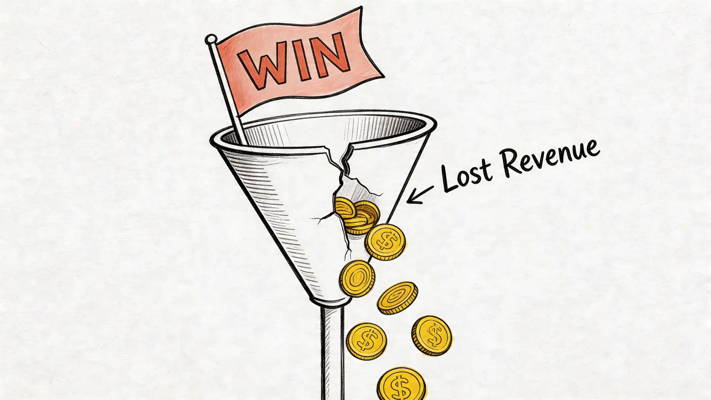 A conceptual illustration of a broken funnel leaking gold coins labeled as lost revenue to represent inefficiency.