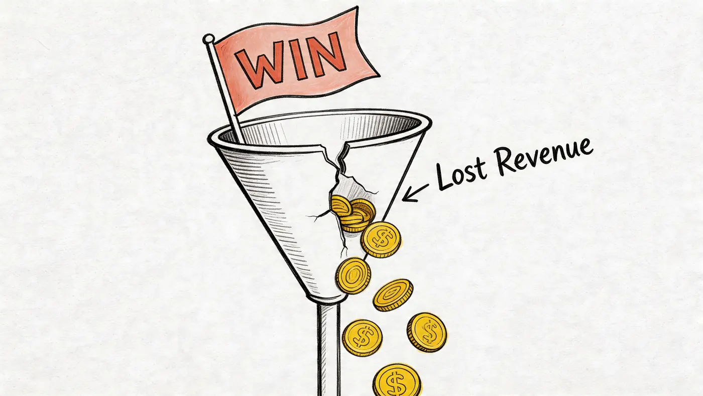 A conceptual illustration of a broken funnel leaking gold coins labeled as lost revenue to represent inefficiency.