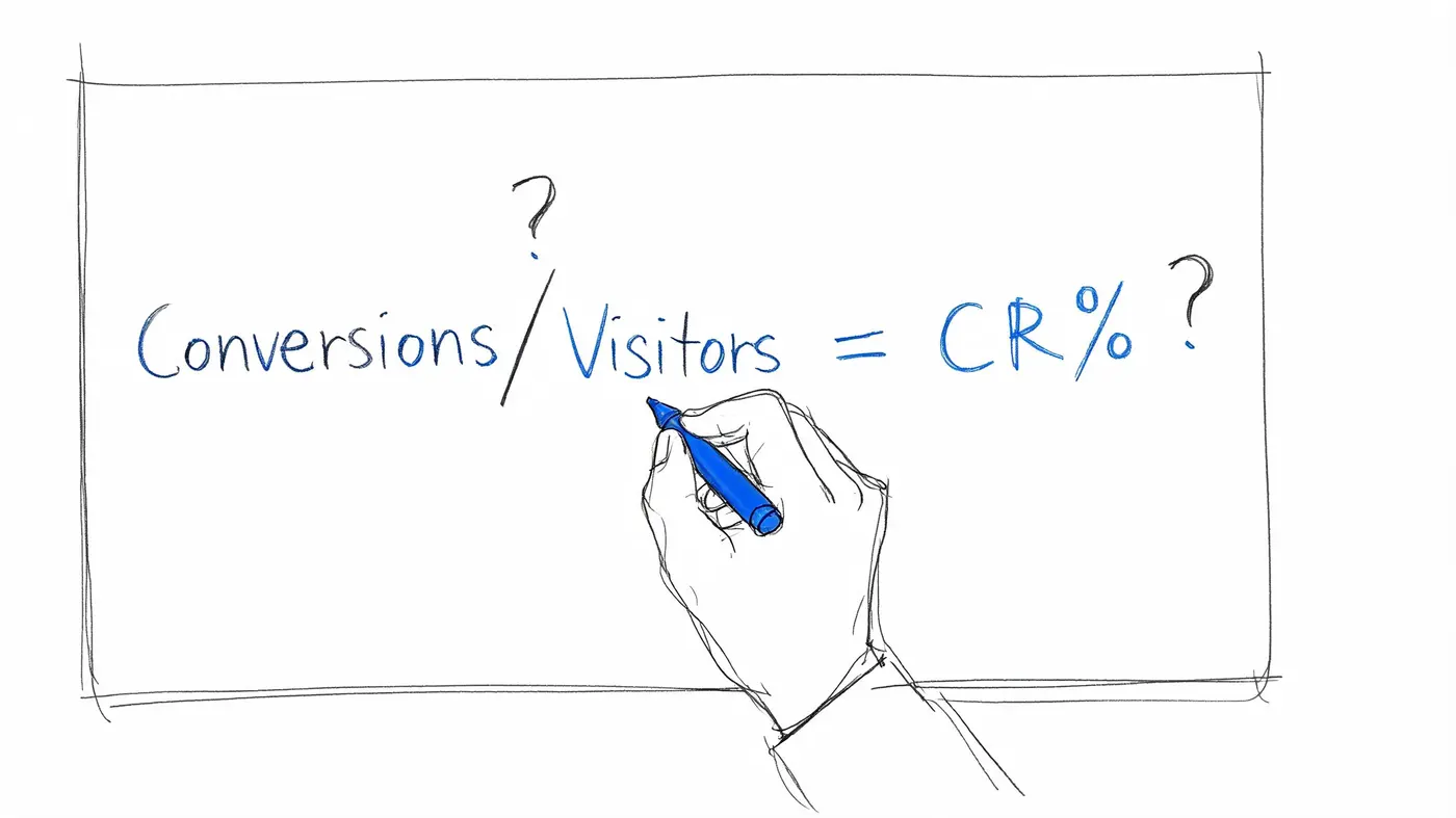 A hand drawing a mathematical equation on a whiteboard asking if conversions divided by visitors equals conversion rate.