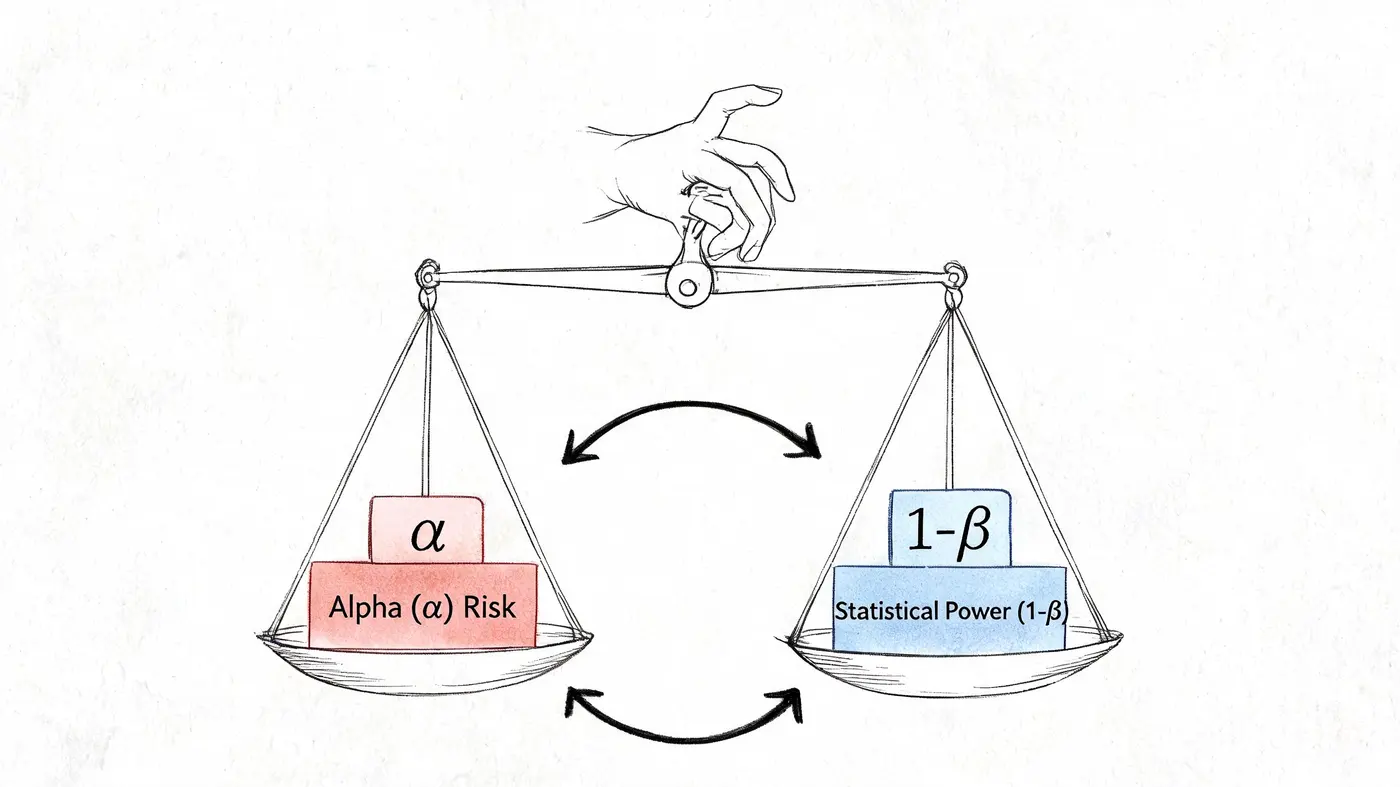 A hand holding a balance scale weighing Alpha Risk against Statistical Power, representing the trade-off in statistics.
