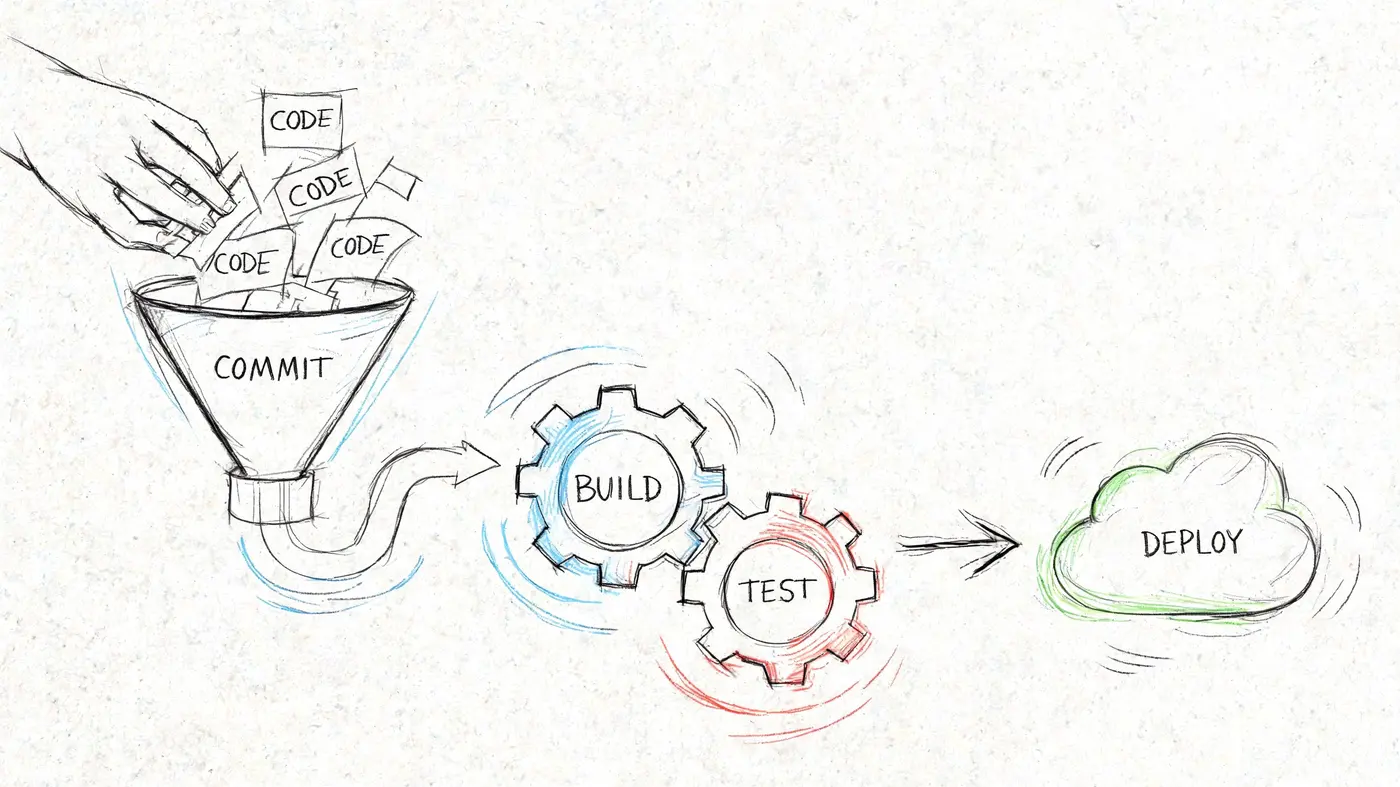A hand placing code notes into a funnel representing a software development continuous integration and deployment pipeline.