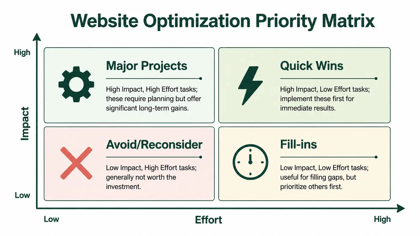 A four-quadrant priority matrix showing how to categorize website optimization tasks by impact and effort levels.
