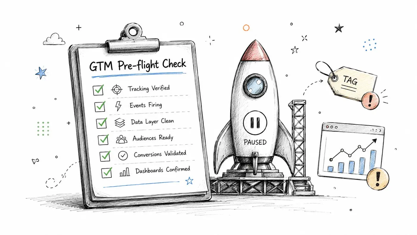 A hand-drawn clipboard checklist for Google Tag Manager pre-flight verification alongside a paused rocket ship illustration.