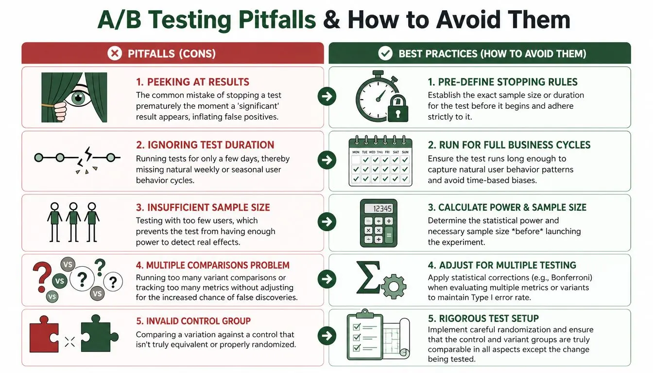 An infographic detailing five common A/B testing pitfalls and the corresponding best practices to avoid them.