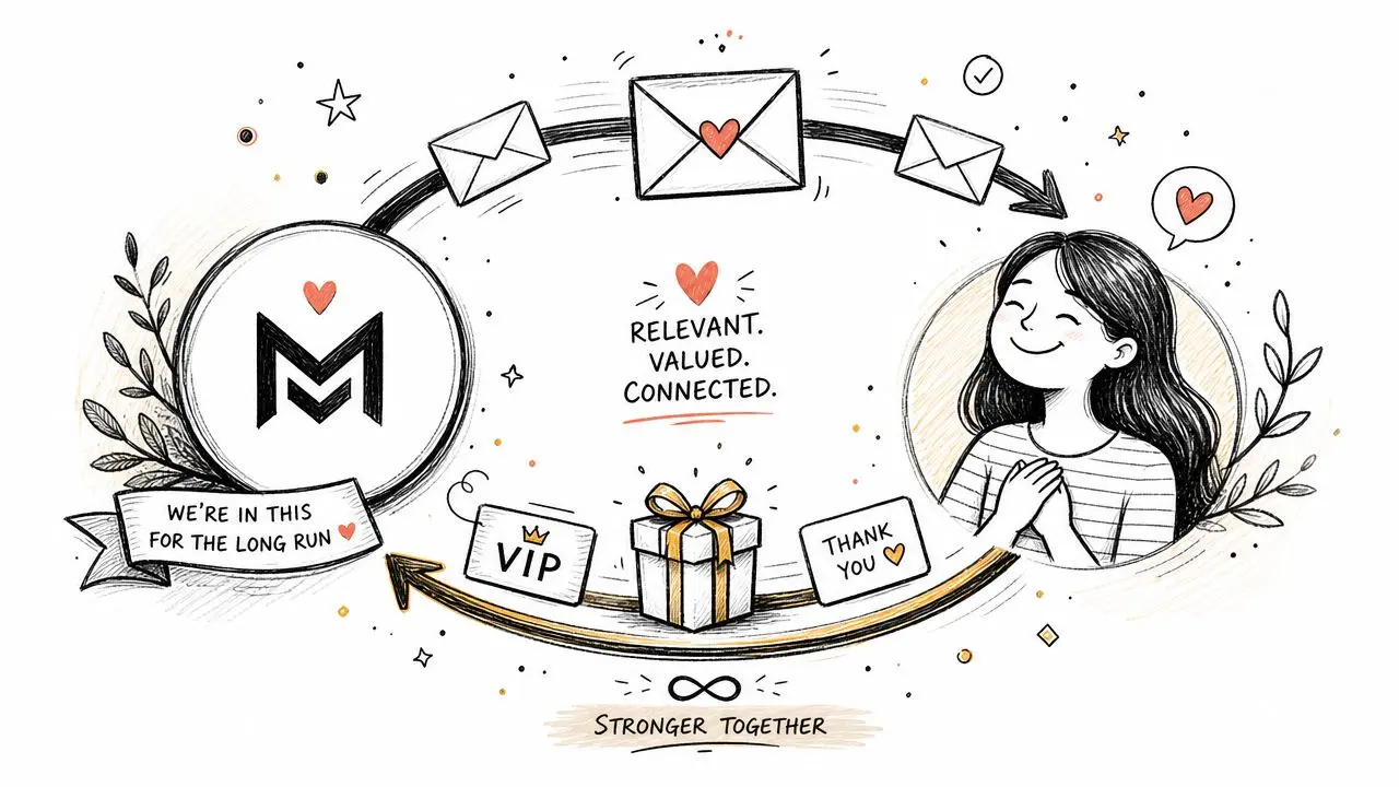 A hand-drawn illustration showing a brand connecting with a happy customer through emails and rewards.