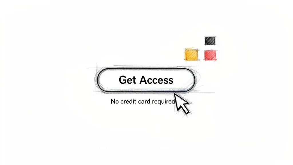 Hand-drawn 'Get Access' button and 'No credit card required' text with a mouse cursor.