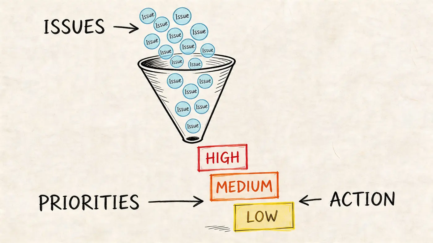 A funnel illustration showing many issues being processed into high, medium, and low priority actions.
