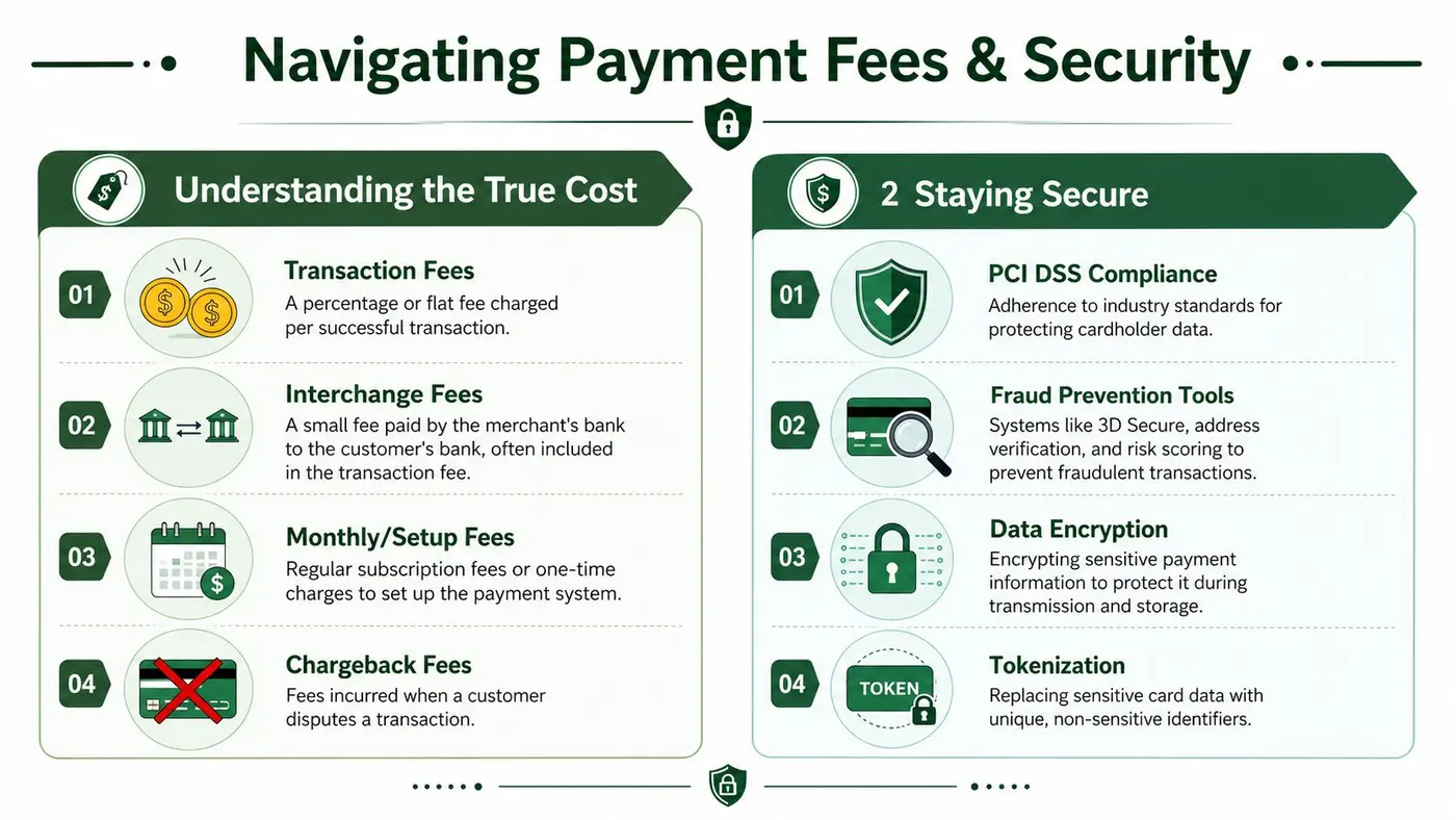 An infographic titled Navigating Payment Fees and Security, explaining common transaction costs and essential payment security measures.