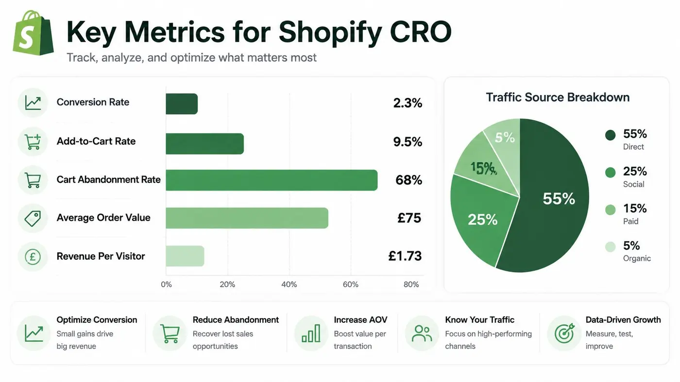 An infographic showing key Shopify conversion rate optimization metrics and a traffic source breakdown chart.