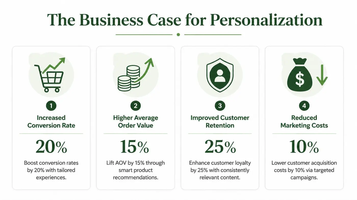 An infographic showing the four business benefits of personalization including higher conversion, average order value, retention, and lower costs.