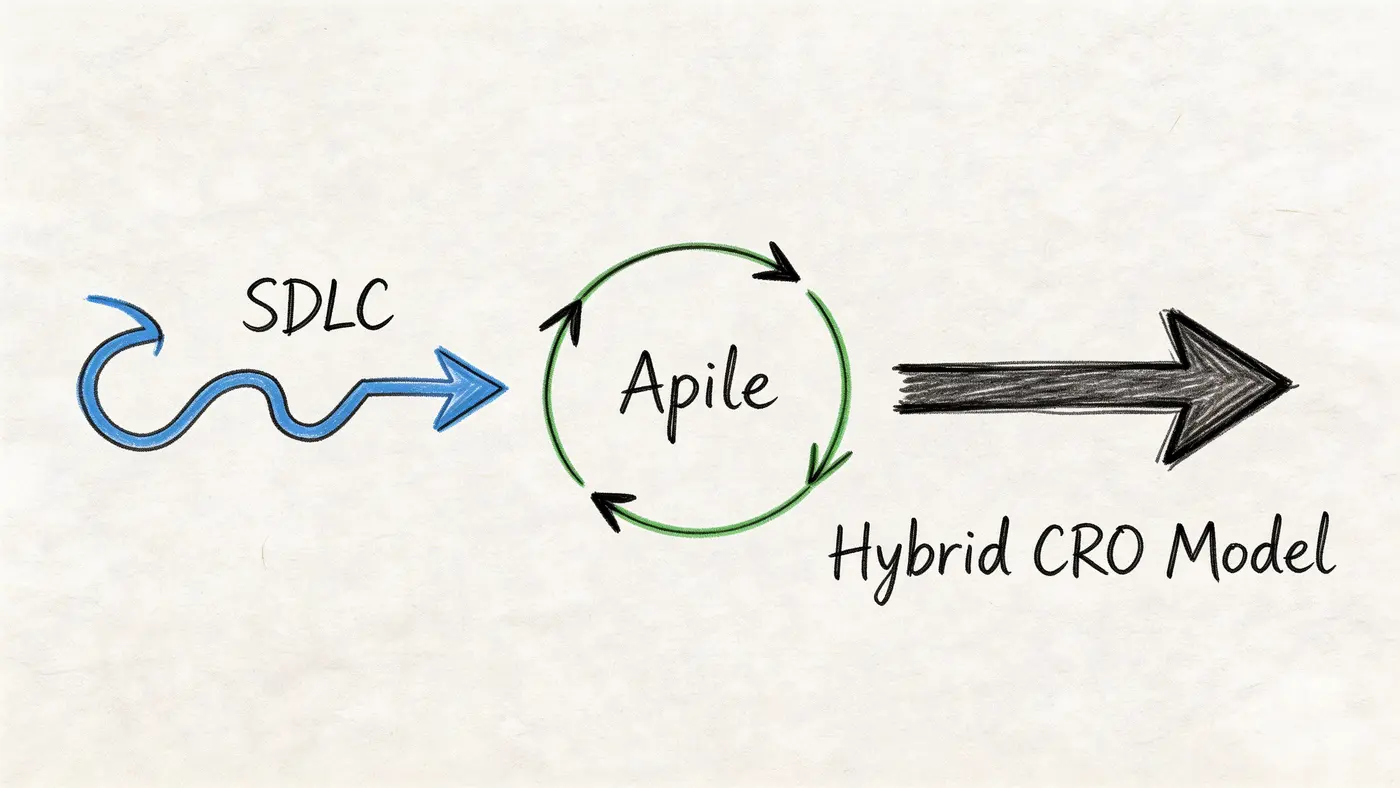A conceptual diagram showing the progression from SDLC through an Agile cycle to a Hybrid CRO model.