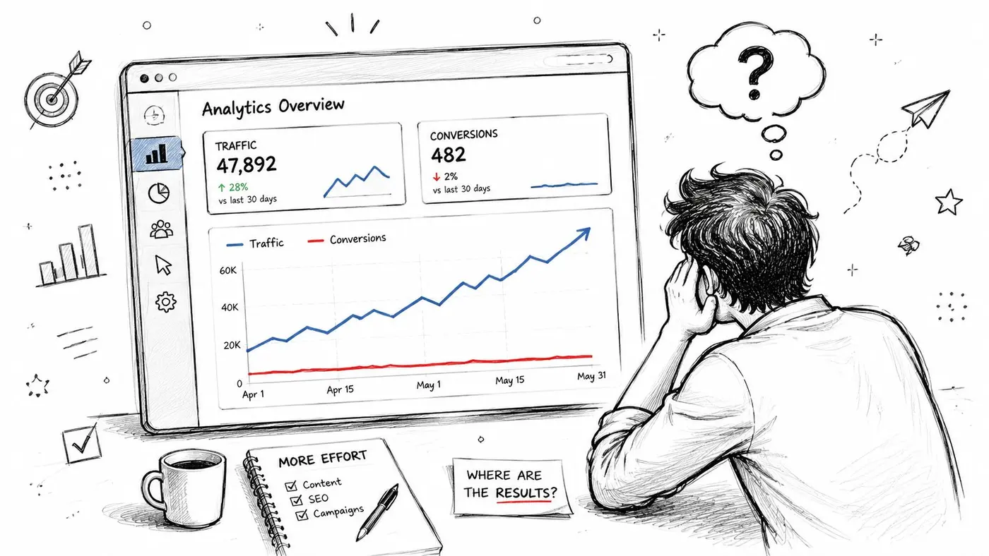 A sketched illustration of a person confused while looking at an analytics dashboard showing increasing traffic but low conversions.