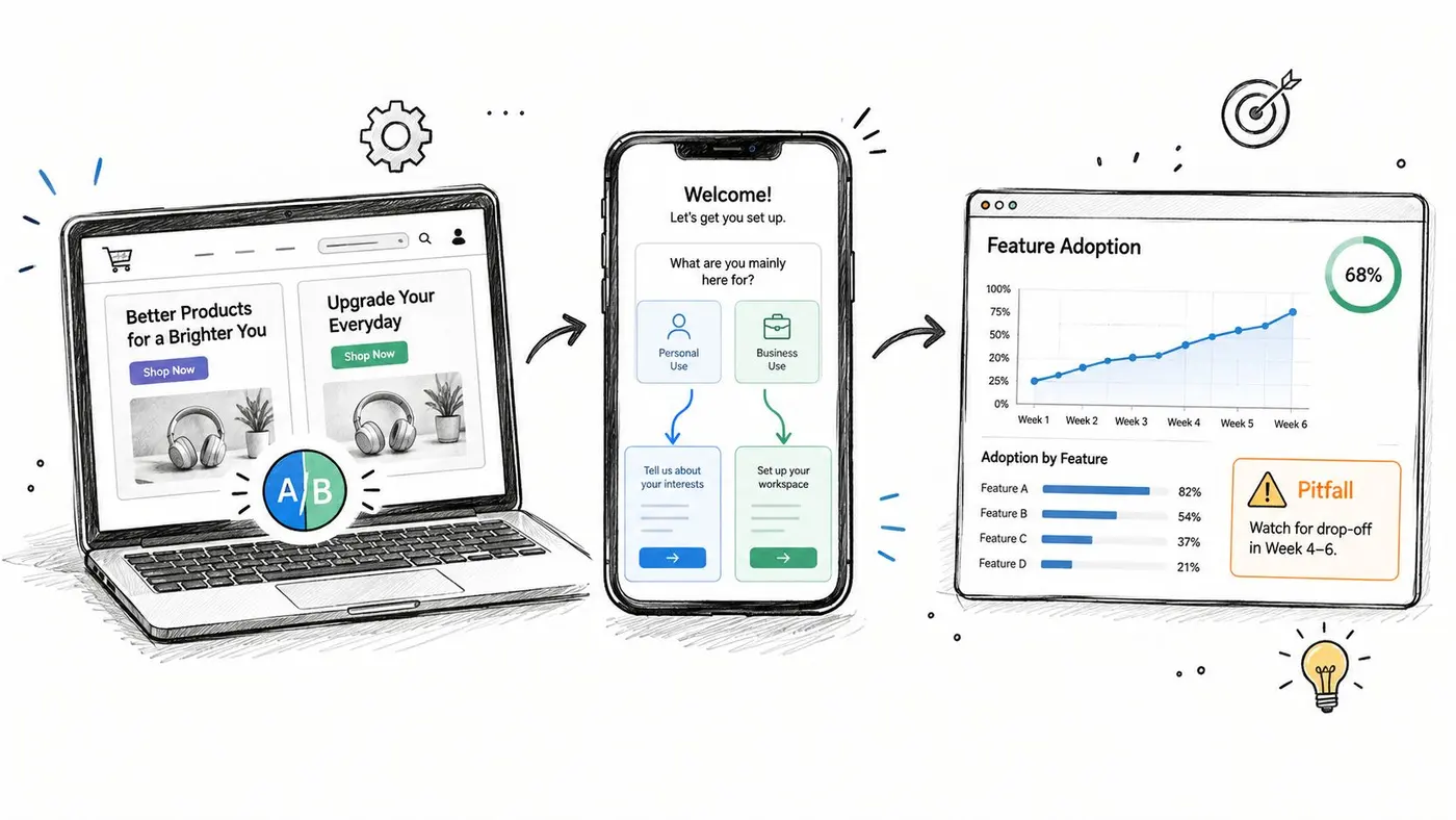 A diagram illustrating the workflow from A/B testing on a website to user onboarding and feature adoption tracking.