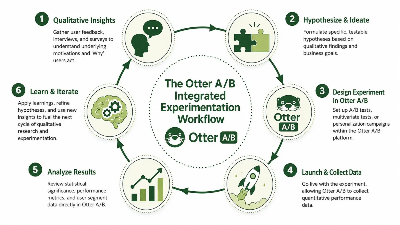 A circular infographic detailing The Otter A/B Integrated Experimentation Workflow with six sequential steps for optimization.