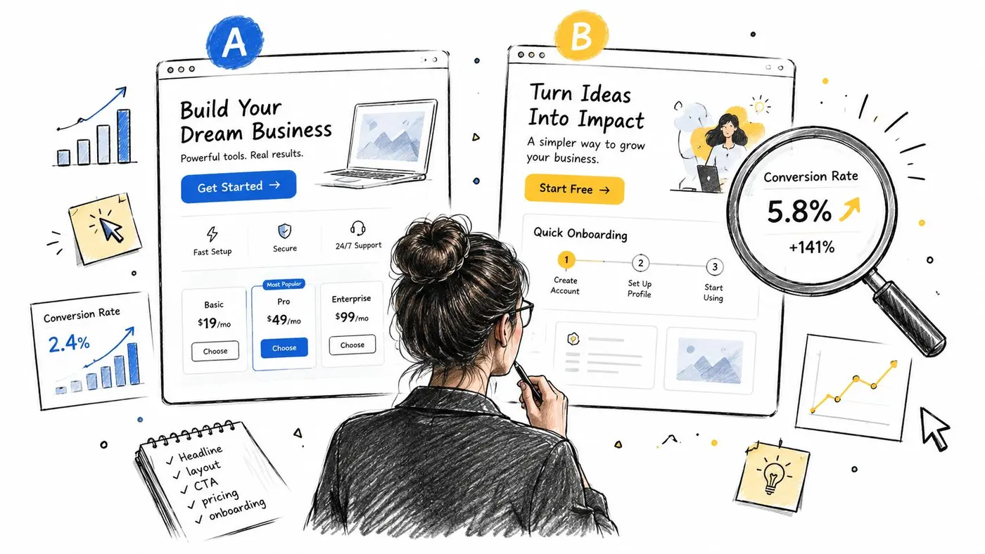 A businesswoman evaluating two different website landing page designs, labeled A and B, to improve conversion rates.
