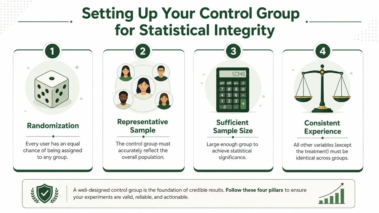 An infographic detailing four essential pillars for setting up a control group for statistical integrity in experiments.