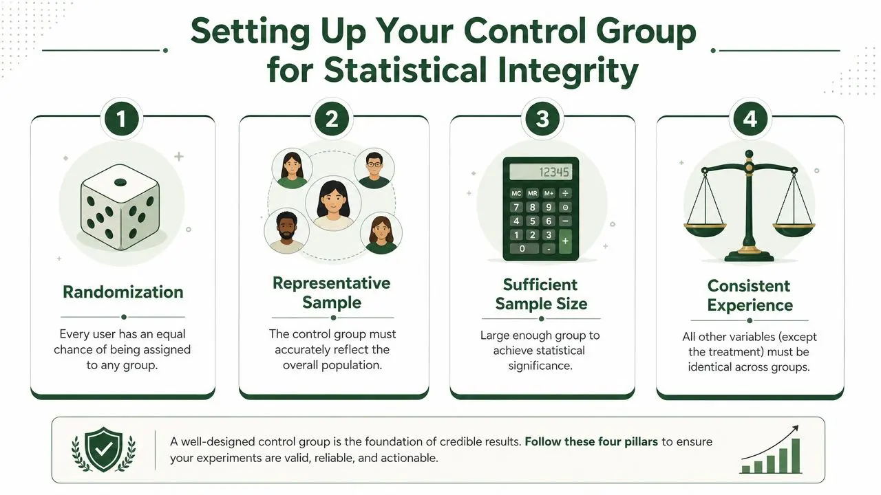 An infographic detailing four essential pillars for setting up a control group for statistical integrity in experiments.